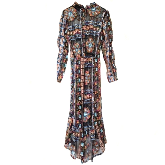 Zara Embroidered Mesh Sheer Midi Dress Hi-Lo Hem Long Sleeve with Slip Dress- S - Picture 6 of 16